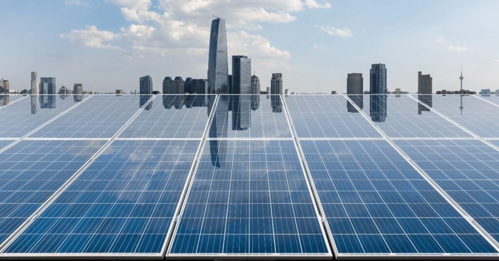 Rows of solar panels on a rooftop with a city skyline in the background.