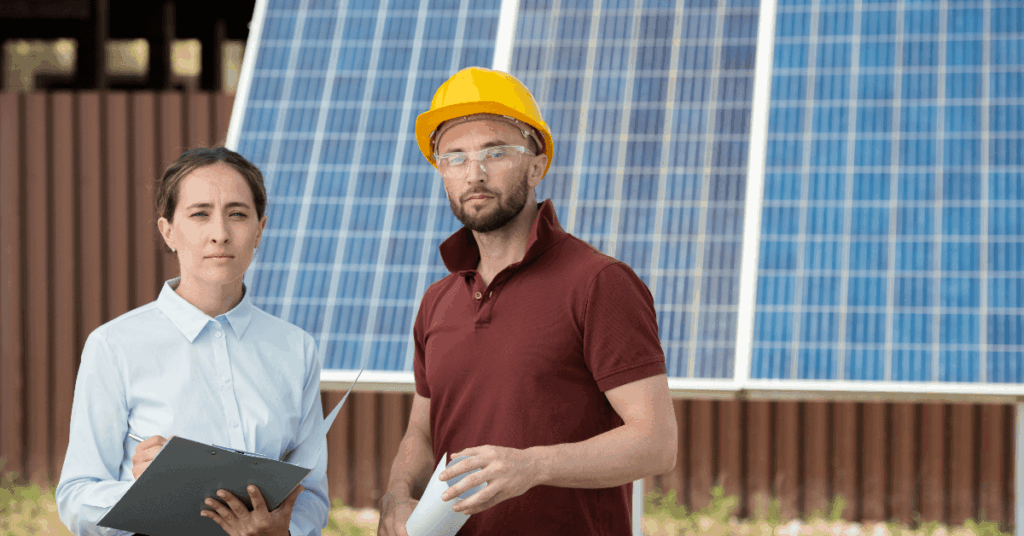 Two workers at a solar panel installation site: a woman with a clipboard and a man wearing a yellow hard hat, with solar panels in the background.