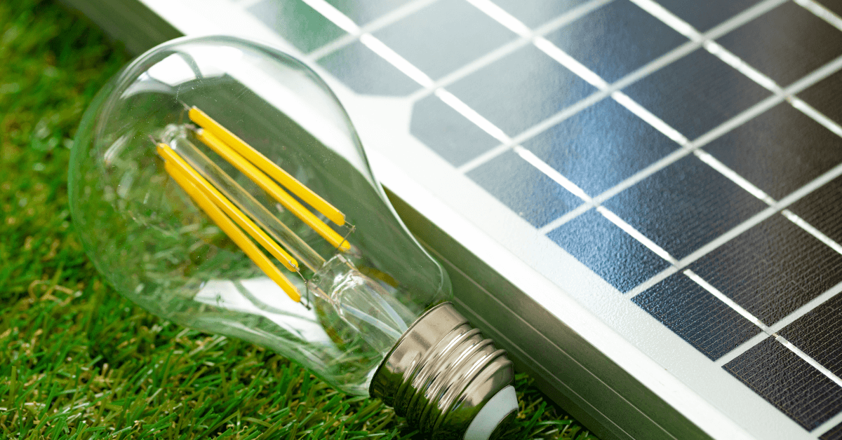 A glass light bulb lying on green grass next to a solar panel, symbolizing renewable energy.