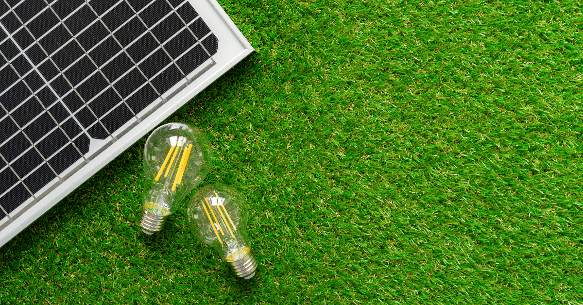 Solar panel on green grass with two LED bulbs nearby, highlighting renewable energy use and outdoor lighting ideas.