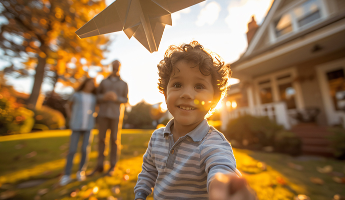 A young boy in a striped shirt smiles as he launches a paper airplane outdoors at sunset, with his family in the yard behind him.