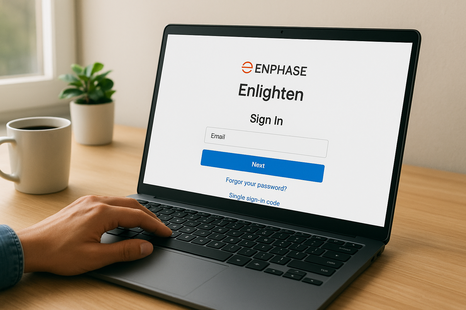 ENPHASE Enlighten sign-in page shown on a laptop screen, with Email field and blue Next button on a wooden desk.