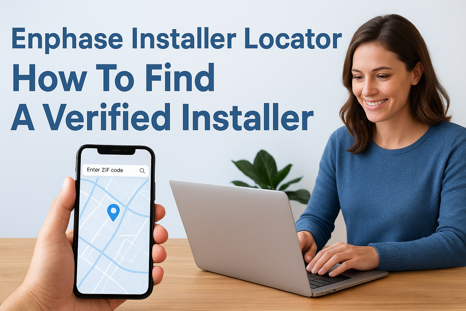 Tutorial-style image showing a smiling woman using a laptop while a person holds a phone with a map pin, illustrating how to find a verified Enphase installer.