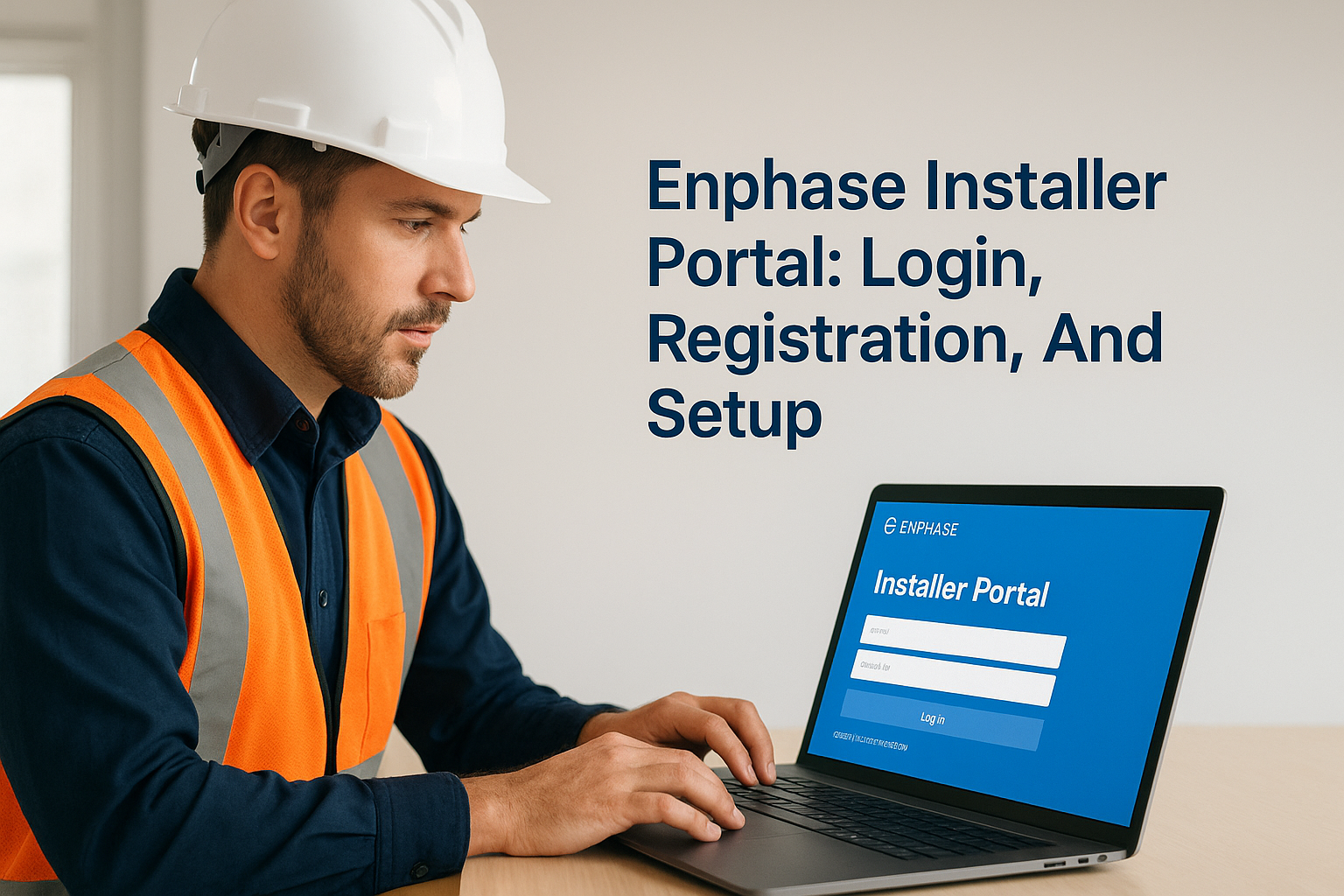 Construction worker in safety vest and hard hat typing on a laptop showing the Enphase Installer Portal login page.