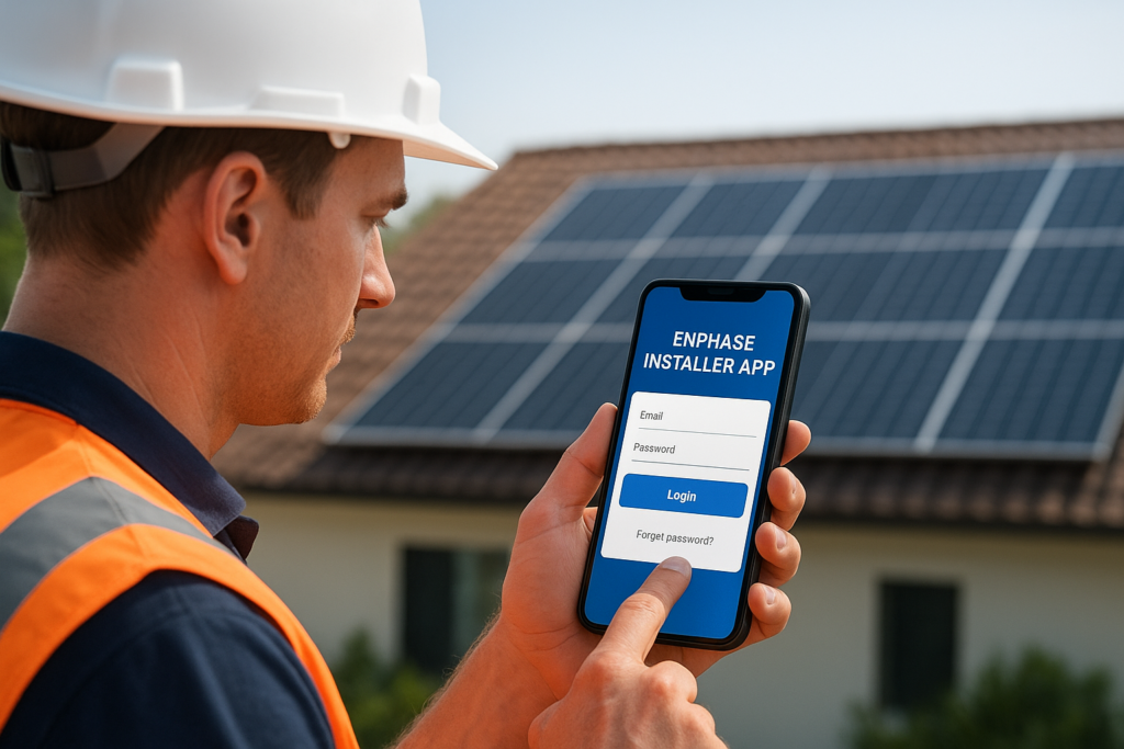 Worker in a hard hat and orange safety vest uses the Enphase Installer App login on a smartphone at a solar installation site with panels in the background.