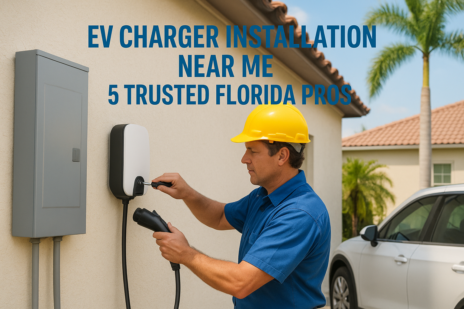 Technician in a blue uniform and yellow hard hat connects a wall-mounted EV charger on a beige house wall; a car is parked nearby.