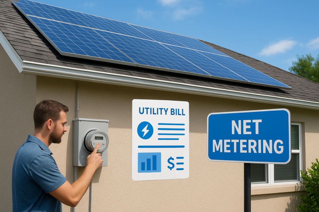 Man checks an electric meter on a beige house with blue solar panels on the roof; utility signs nearby say 'Utility Bill' and 'Net Metering'.