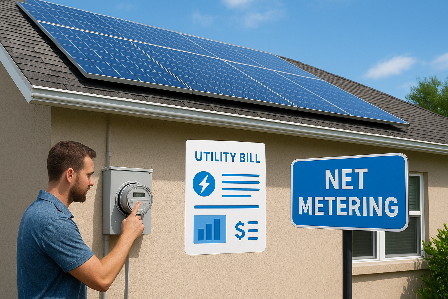 Man checks an electric meter on a beige house with blue solar panels on the roof; utility signs nearby say 'Utility Bill' and 'Net Metering'.