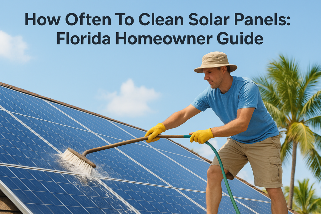 Man in a blue t-shirt and hat cleans rooftop solar panels with a long brush and hose, wearing yellow gloves under a sunny sky with palm trees in the background.