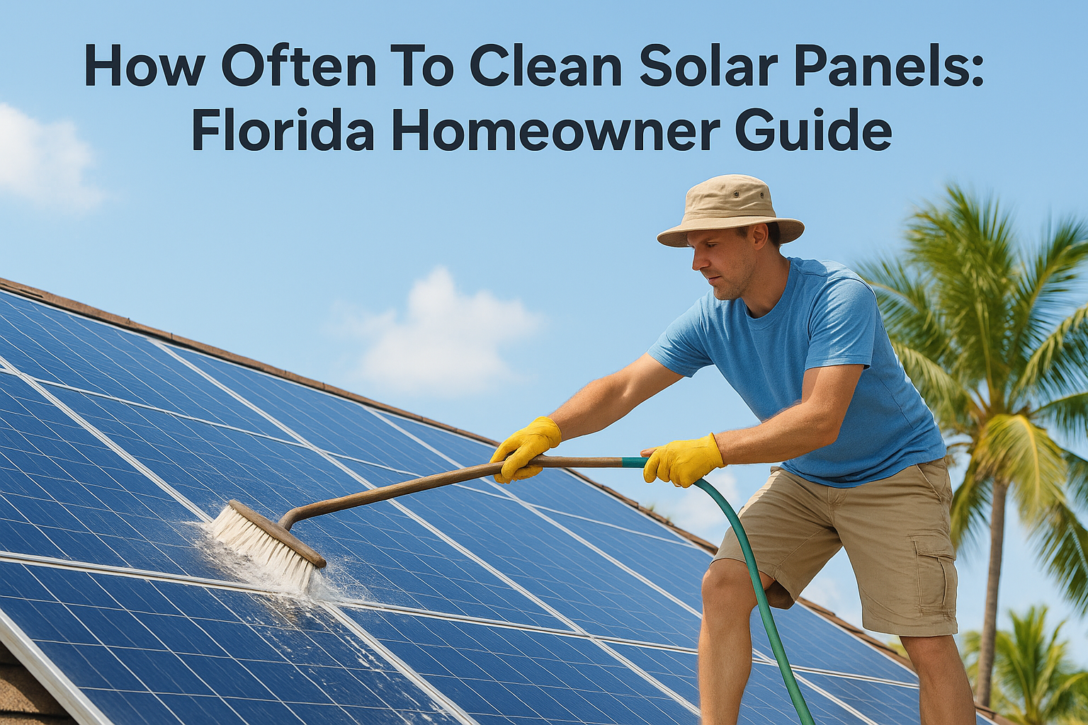 Man in a blue t-shirt and hat cleans rooftop solar panels with a long brush and hose, wearing yellow gloves under a sunny sky with palm trees in the background.