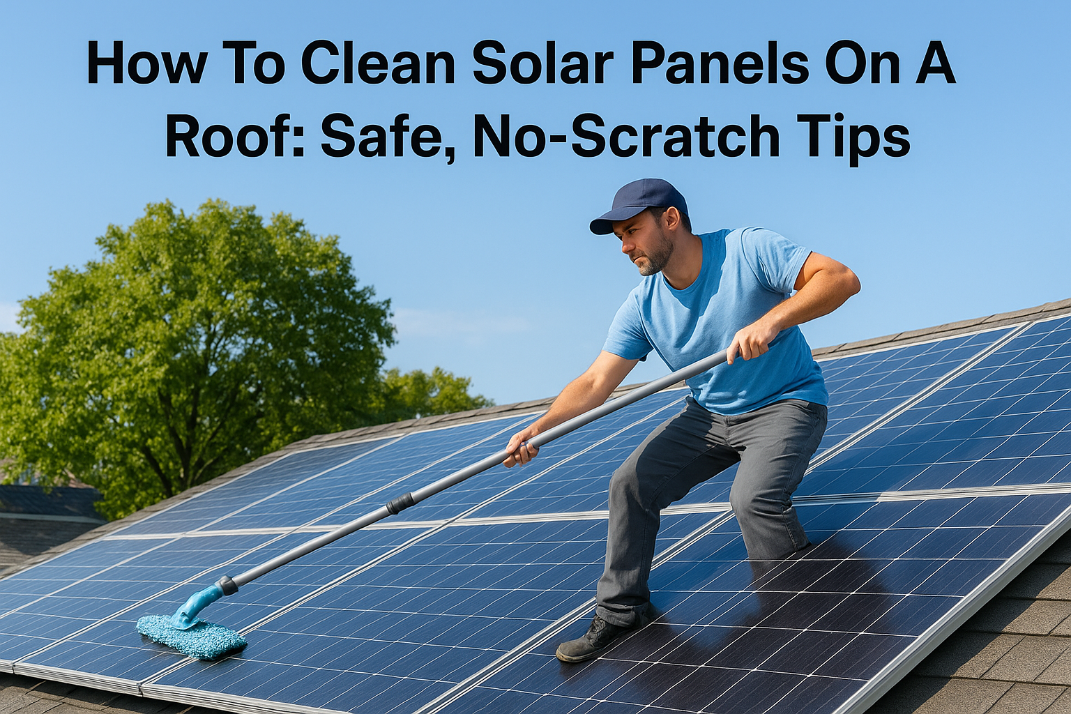 Man cleaning solar panels on a sloped roof with a long-handled mop under a clear blue sky, trees in the background.