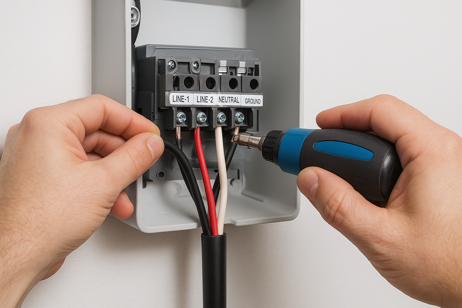 Land the conductors and torque every terminal to spec