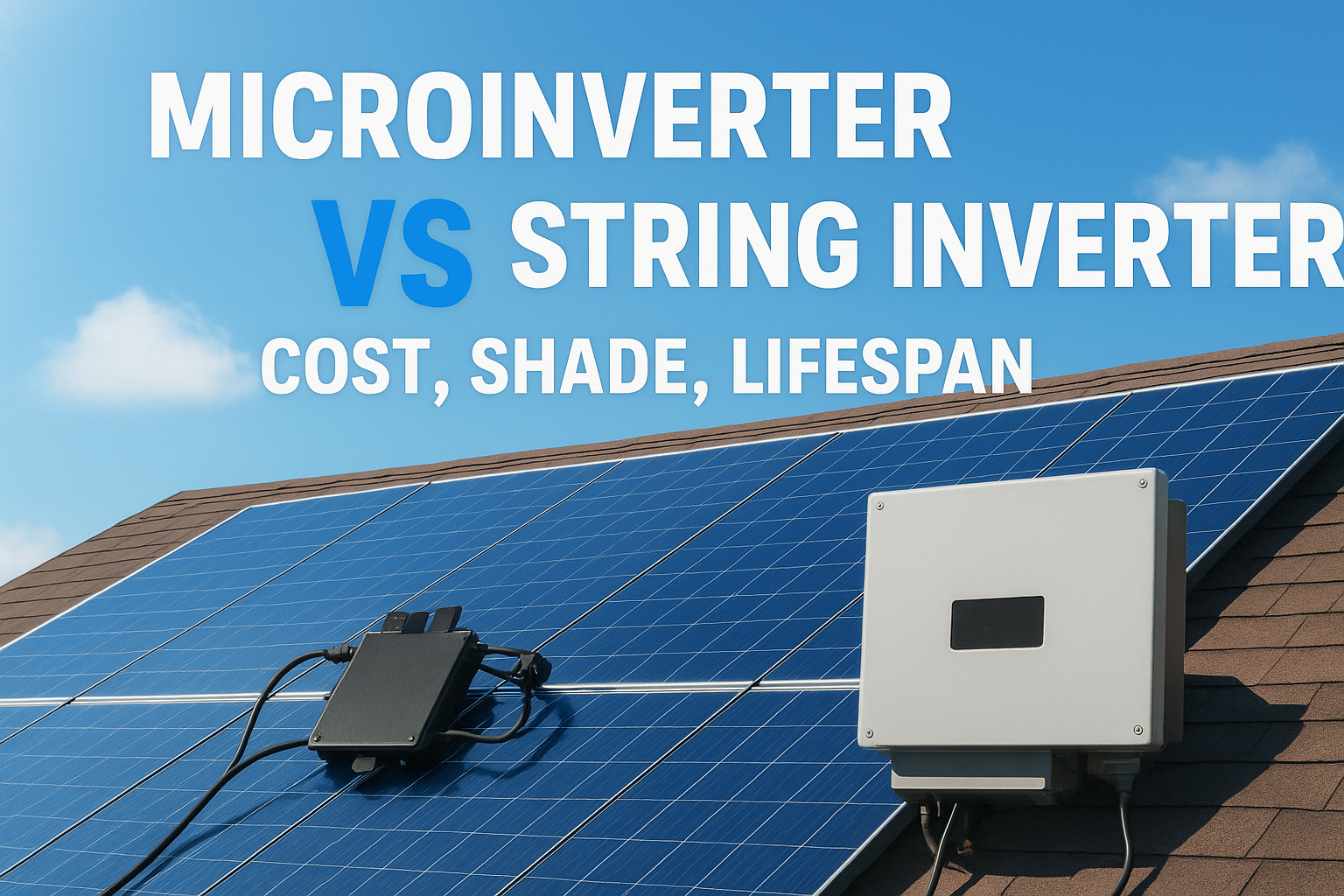 Comparison graphic about microinverter vs string inverter and factors like cost, shade, and lifespan on a rooftop solar installation.