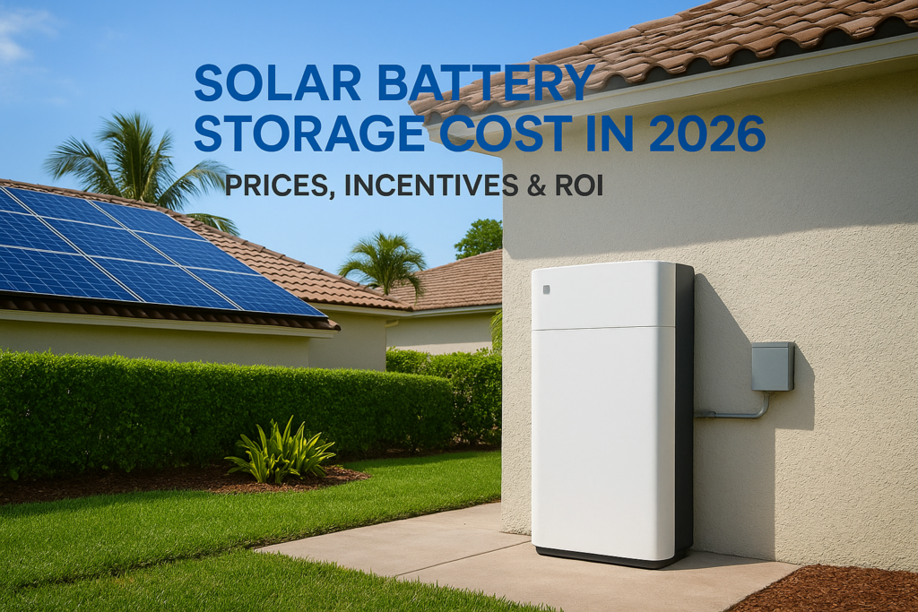 Residential solar panels on the roof with a white outdoor battery storage unit beside the wall; title reads 'SOLAR BATTERY STORAGE COST IN 2026'.
