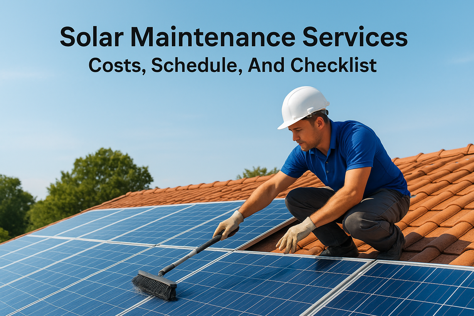 Technician in a white helmet cleans solar panels on a tiled rooftop under a clear blue sky.