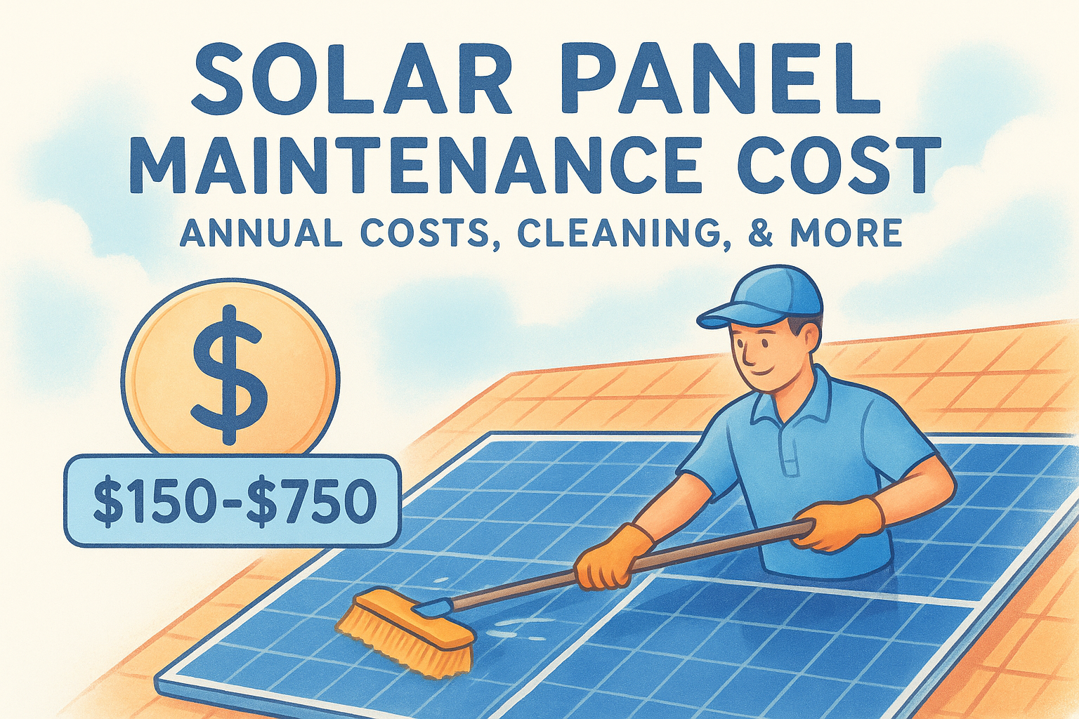Poster-style illustration about solar panel maintenance costs: a worker cleaning solar panels on a roof, with a large dollar sign and a $150–$750 range next to it.