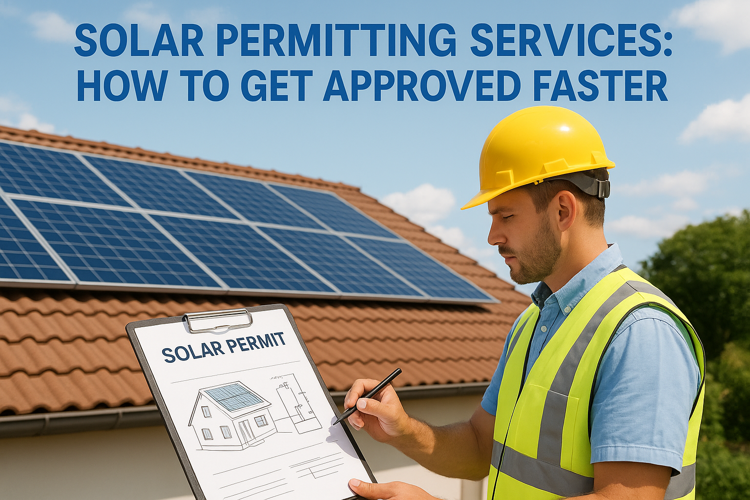 Construction worker in a yellow hard hat and hi‑vis vest reviews a 'SOLAR PERMIT' form on a clipboard beside a house with solar panels on the roof.
