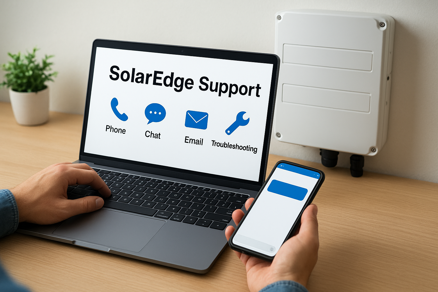 Laptop screen reads 'SolarEdge Support' with icons for Phone, Chat, Email, and Troubleshooting; person holds a phone nearby on a desk.