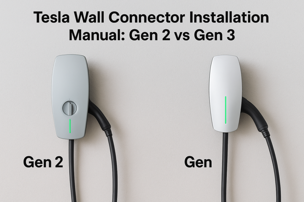 Tesla Wall Connector Gen 2 (left) and Gen 3 (right) side by side, showing design differences and green indicator lights