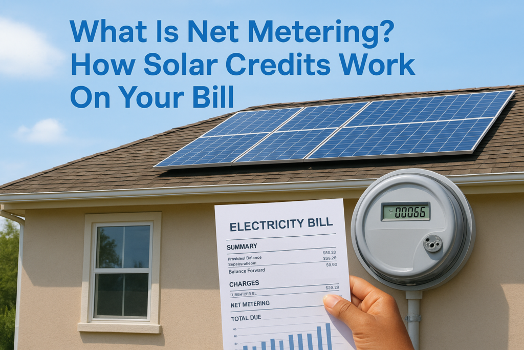 House with rooftop solar panels; a hand holds an electricity bill beside a digital meter, showing net metering and solar credits messaging above.