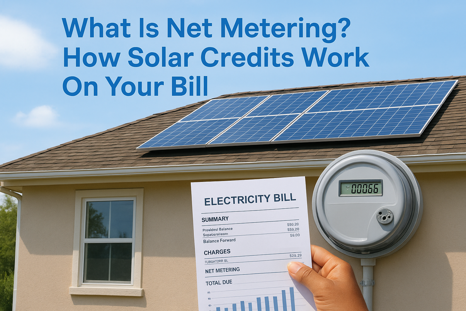 House with rooftop solar panels; a hand holds an electricity bill beside a digital meter, showing net metering and solar credits messaging above.