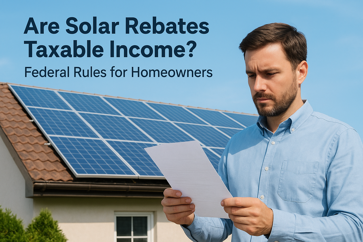 Man in a blue shirt reads a document beside a house with solar panels on the roof, beneath a headline about solar rebates and taxable income.