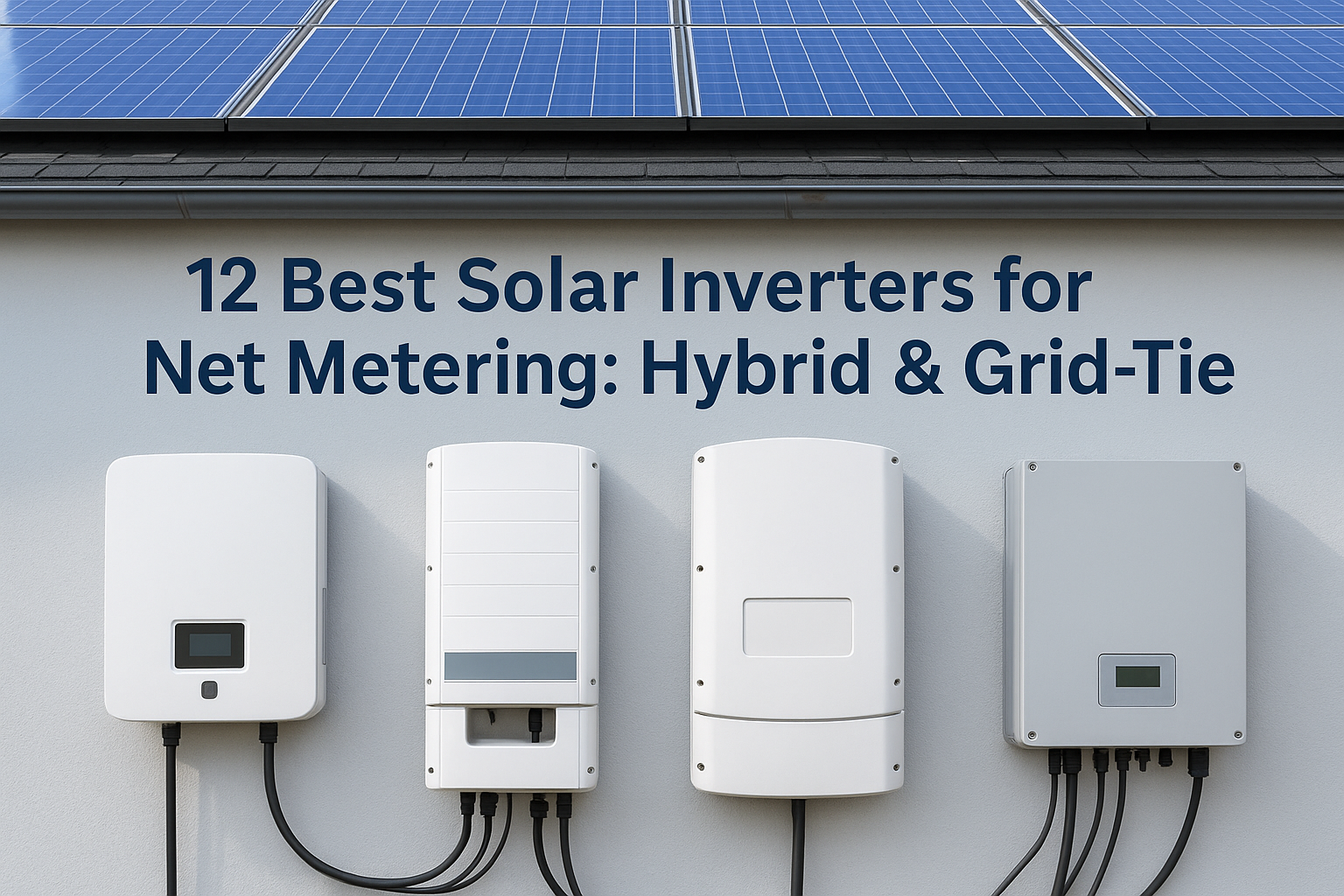 Solar panels on a roof above four electrical inverters mounted on a wall, with a large article title about solar inverters for net metering (hybrid & grid-tie).