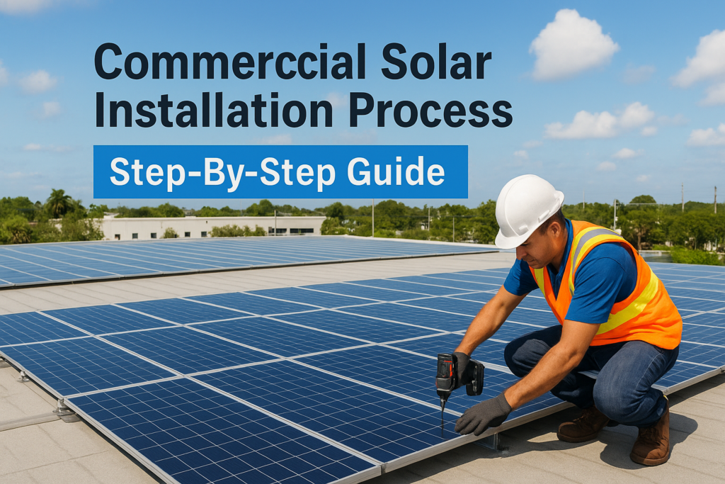 Worker in a hard hat and high-visibility vest installing solar panels on a flat rooftop; sign reads 'Commercial Solar Installation Process Step-By-Step Guide' in the background.