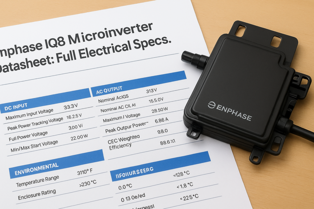 Data sheet page for Enphase IQ8 microinverter showing full electrical specs (DC input, AC output) beside the Enphase unit on a wooden desk