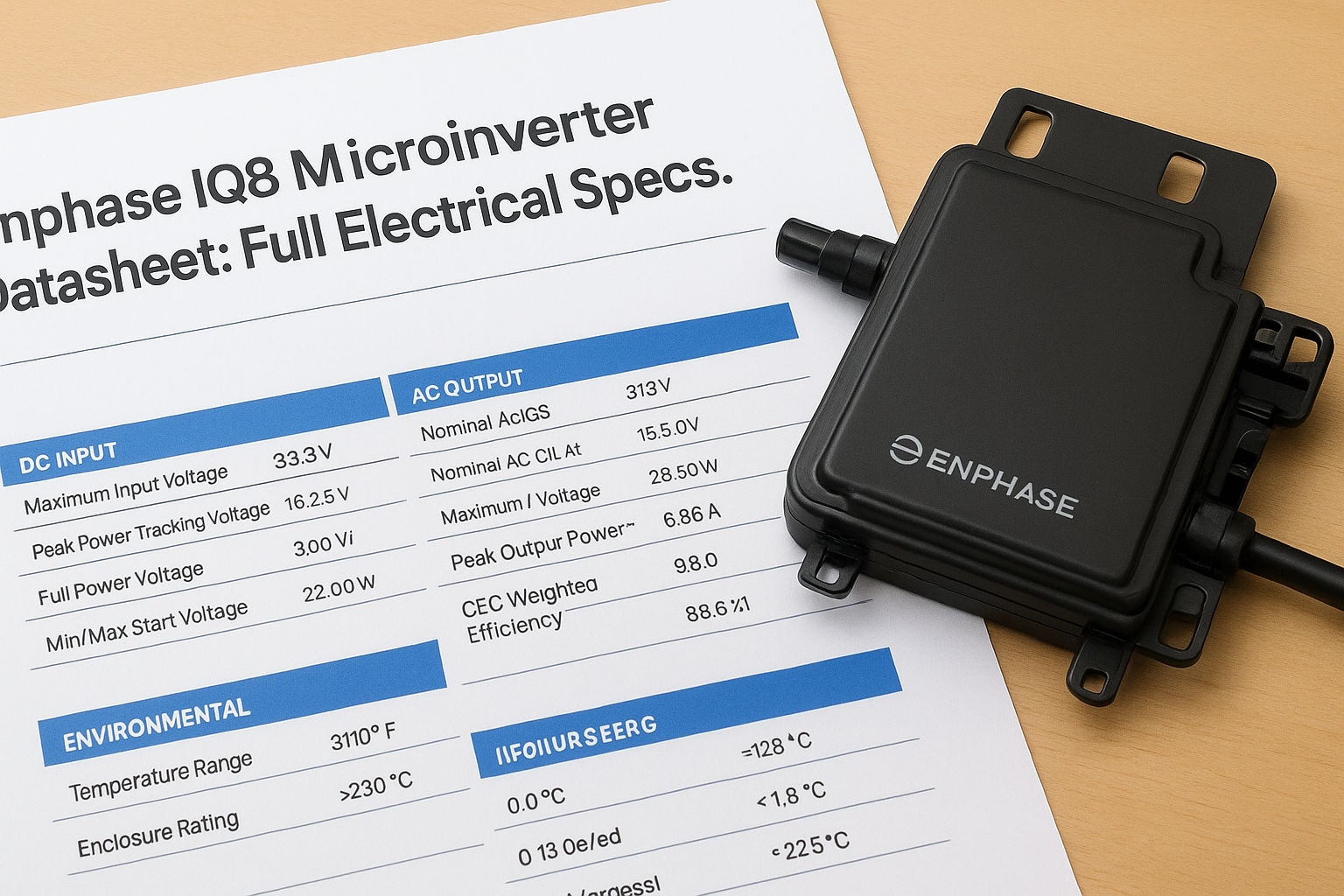 Data sheet page for Enphase IQ8 microinverter showing full electrical specs (DC input, AC output) beside the Enphase unit on a wooden desk