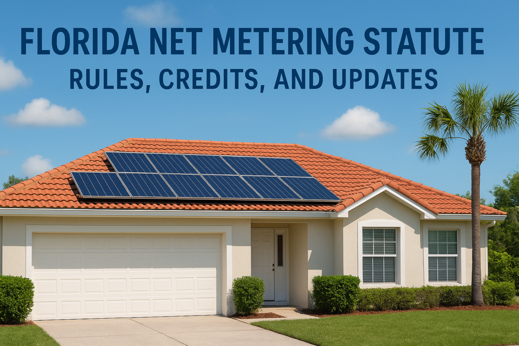 Residential home with solar panels on an orange roof; large blue headline about Florida net metering rules and updates behind.