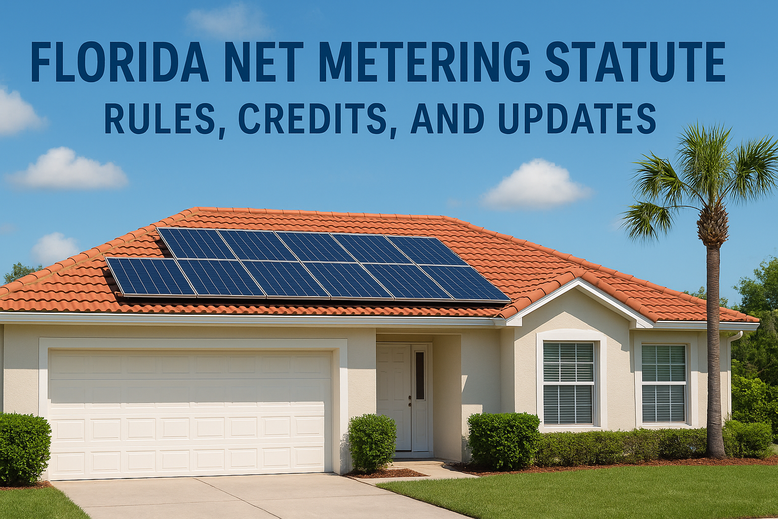 Residential home with solar panels on an orange roof; large blue headline about Florida net metering rules and updates behind.