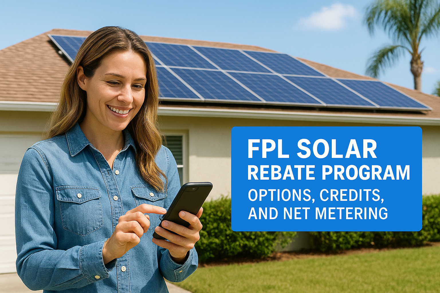 Woman using a smartphone beside a blue sign about FPL Solar Rebate Program options, credits, and net metering, in front of a house with solar panels.