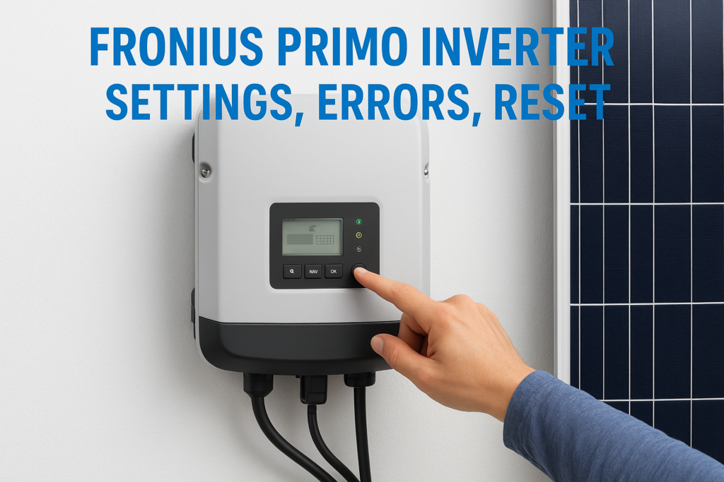 Hand pressing the OK button on a Fronius Primo inverter control panel with solar panels nearby.