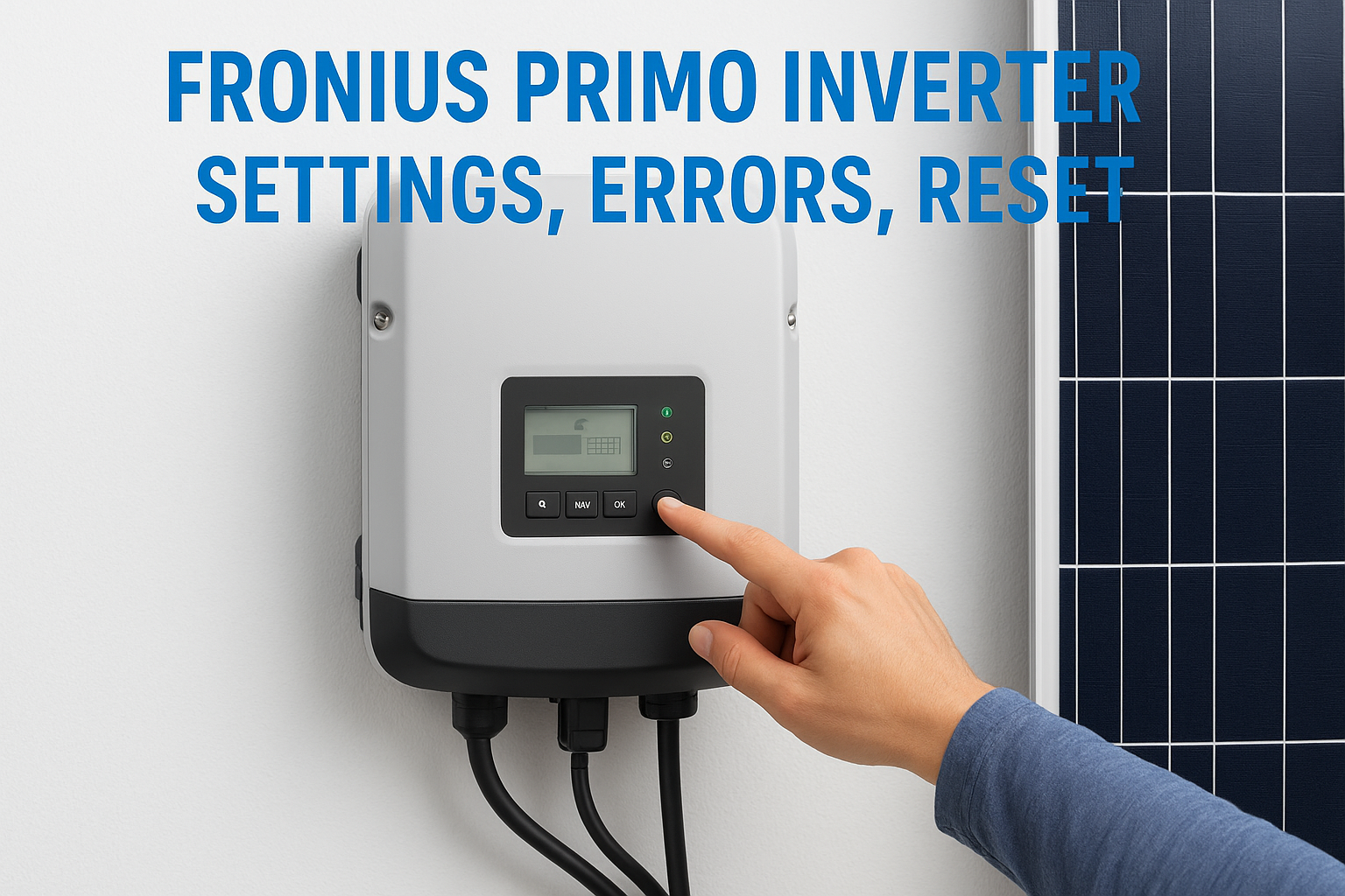 Hand pressing the OK button on a Fronius Primo inverter control panel with solar panels nearby.