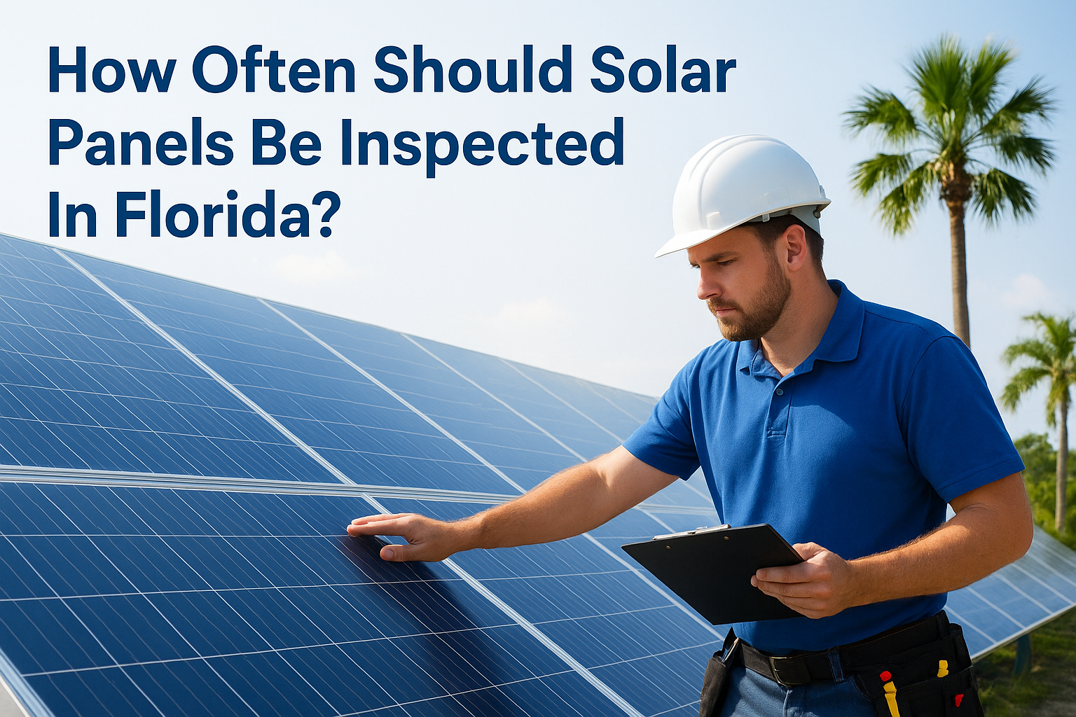 Solar technician in a white hard hat and blue shirt inspects solar panels outdoors with a clipboard nearby the panels. Public safety in Florida-themed solar inspection scene.