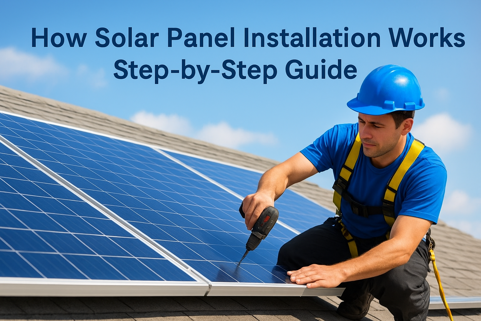 Solar-panel installer on a rooftop with a blue hard hat drilling into a panel (safety harness visible)