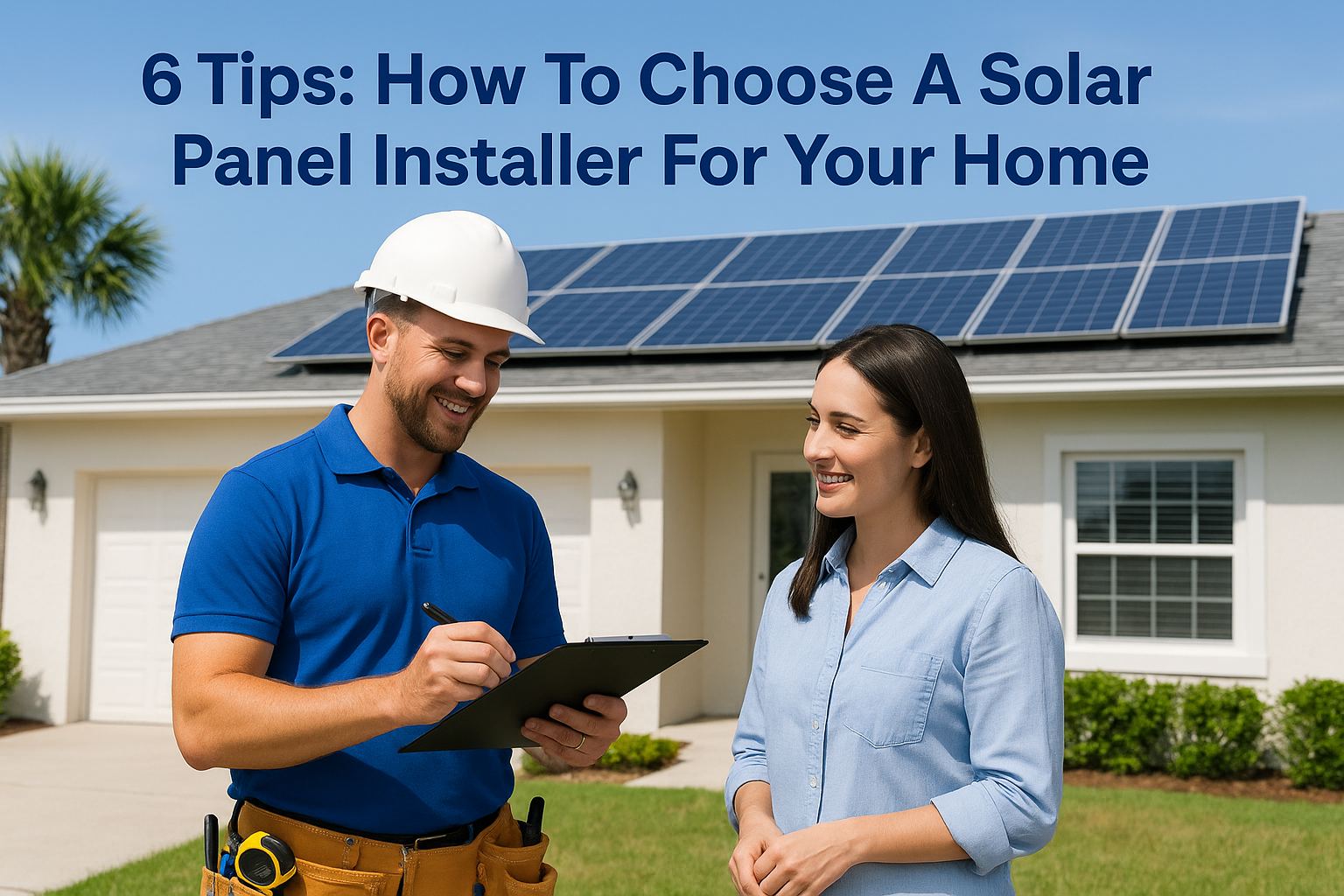 Solar installer in a white hard hat shows a clipboard to a smiling homeowner in front of a house with solar panels on the roof.
