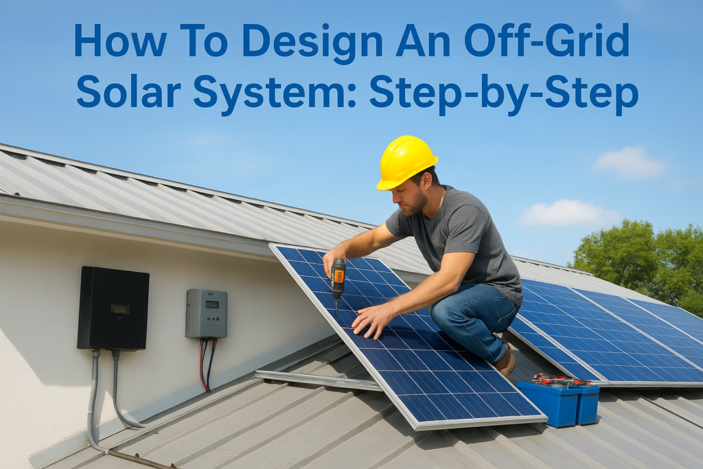 Man in a yellow hard hat screws a solar panel onto a metal roof; blue text overlay reads 'How To Design An Off-Grid Solar System: Step-by-Step'.