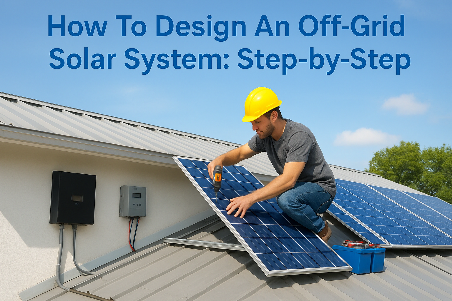 Man in a yellow hard hat screws a solar panel onto a metal roof; blue text overlay reads 'How To Design An Off-Grid Solar System: Step-by-Step'.