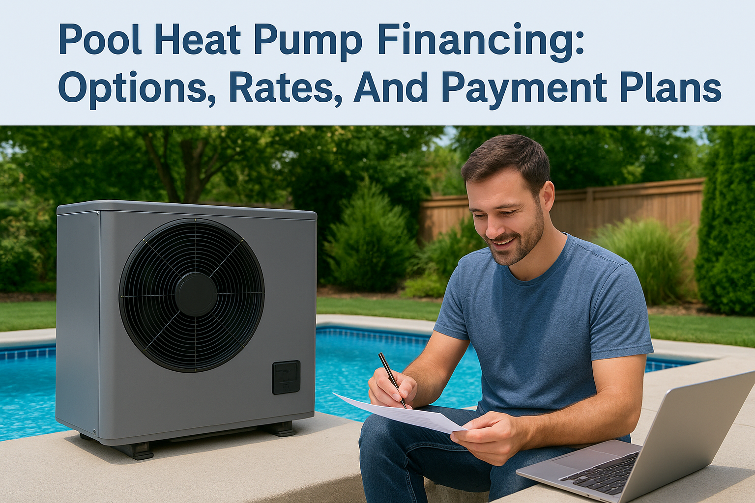 Man sitting by a pool, writing on paper with a laptop nearby, beside a pool heat pump unit indicating financing options for pool heat pumps.
