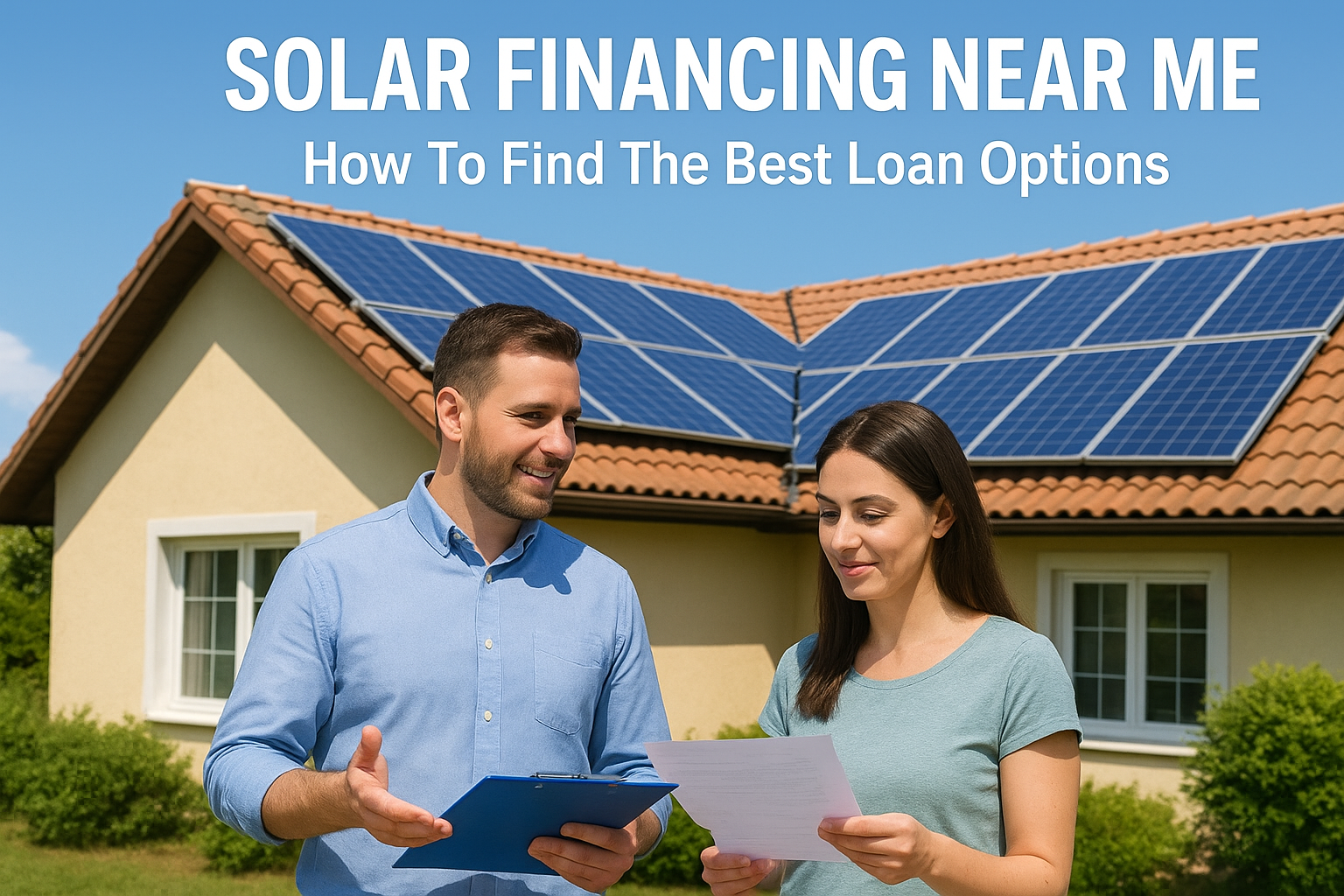 Two adults discuss solar loan options in front of a house with rooftop solar panels; headline reads 'SOLAR FINANCING NEAR ME'.