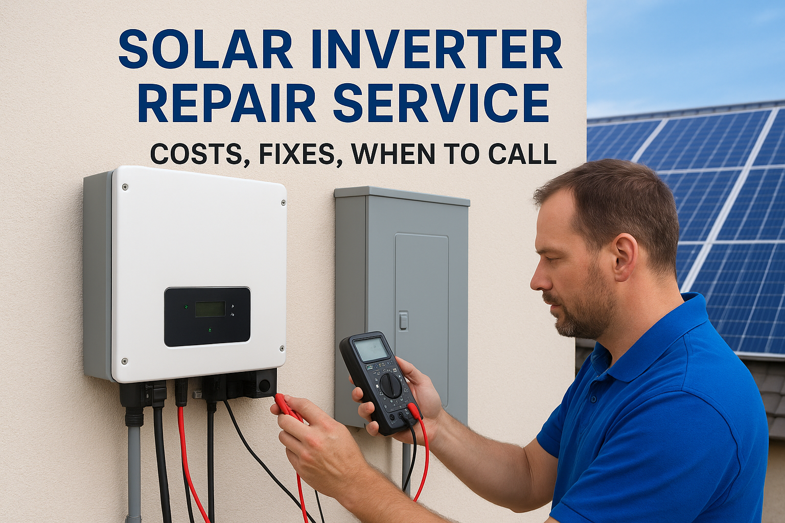 Technician testing a wall-mounted solar inverter with a handheld meter beside a gray electrical box; solar panels visible in background on the right