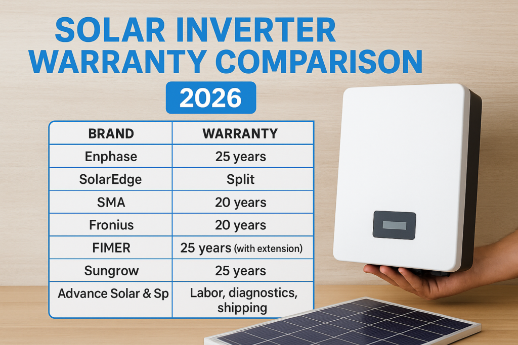 Solar inverter warranty comparison for 2026 with a table of brands and years beside a white inverter hand-held on the right and a solar panel in the foreground.
