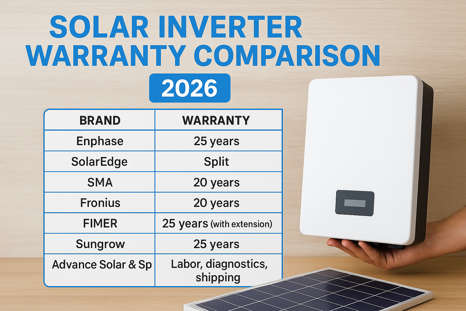Solar inverter warranty comparison for 2026 with a table of brands and years beside a white inverter hand-held on the right and a solar panel in the foreground.