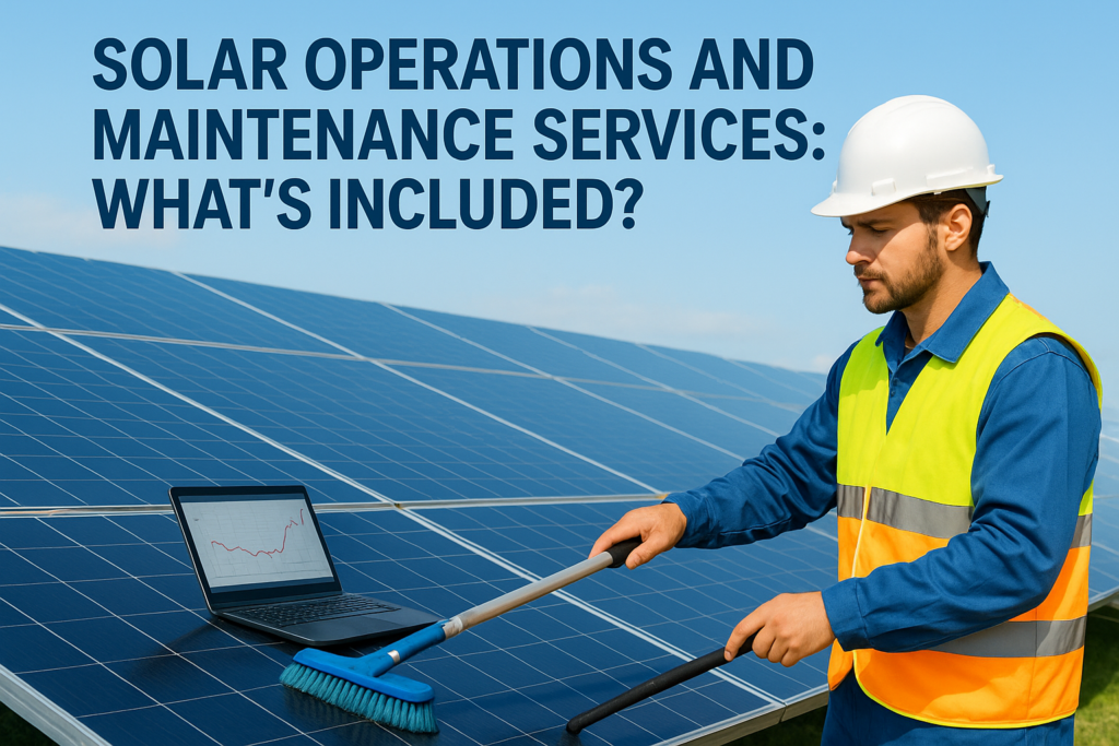 Maintenance worker in a safety vest and helmet inspecting solar panels with a laptop showing a graph.