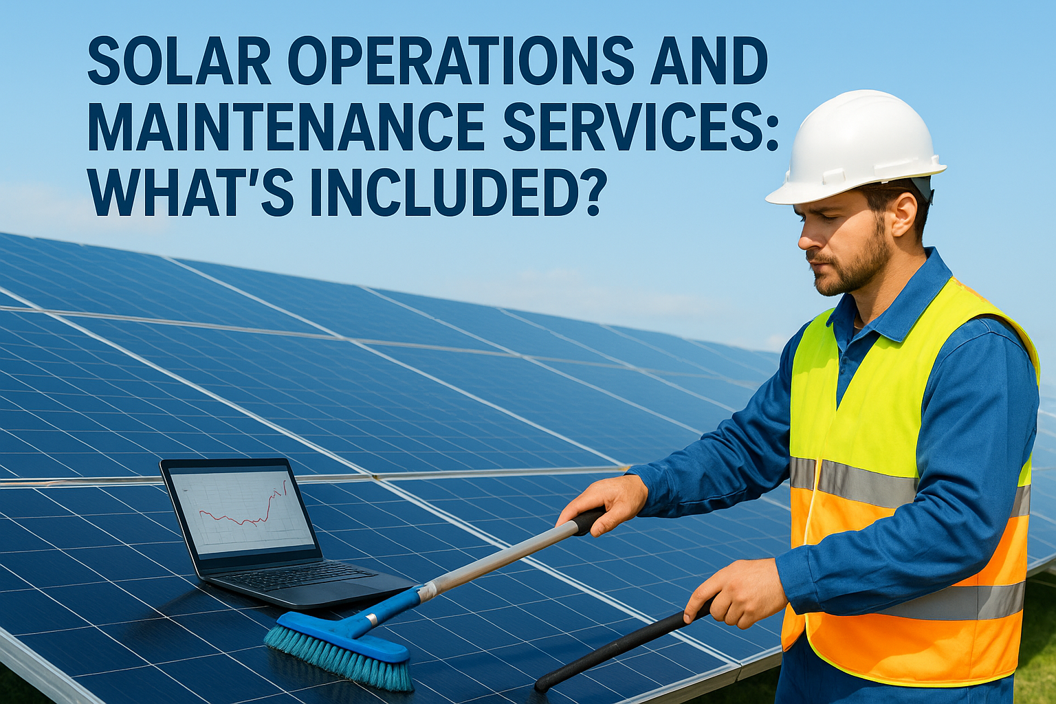 Maintenance worker in a safety vest and helmet inspecting solar panels with a laptop showing a graph.