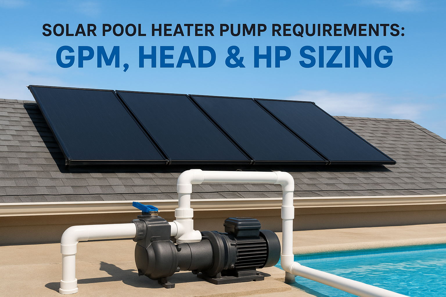 Banner reads: 'Solar Pool Heater Pump Requirements: GPM, Head & HP Sizing'; four dark solar panels on a roof with a pool pump and white PVC piping nearby.