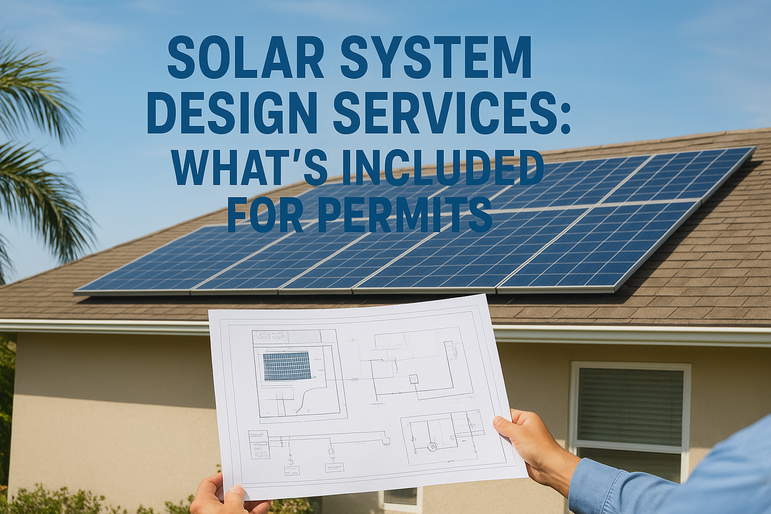 Person holding a blueprint in front of a house with solar panels; overlay reads 'Solar System Design Services: What’s Included for Permits'