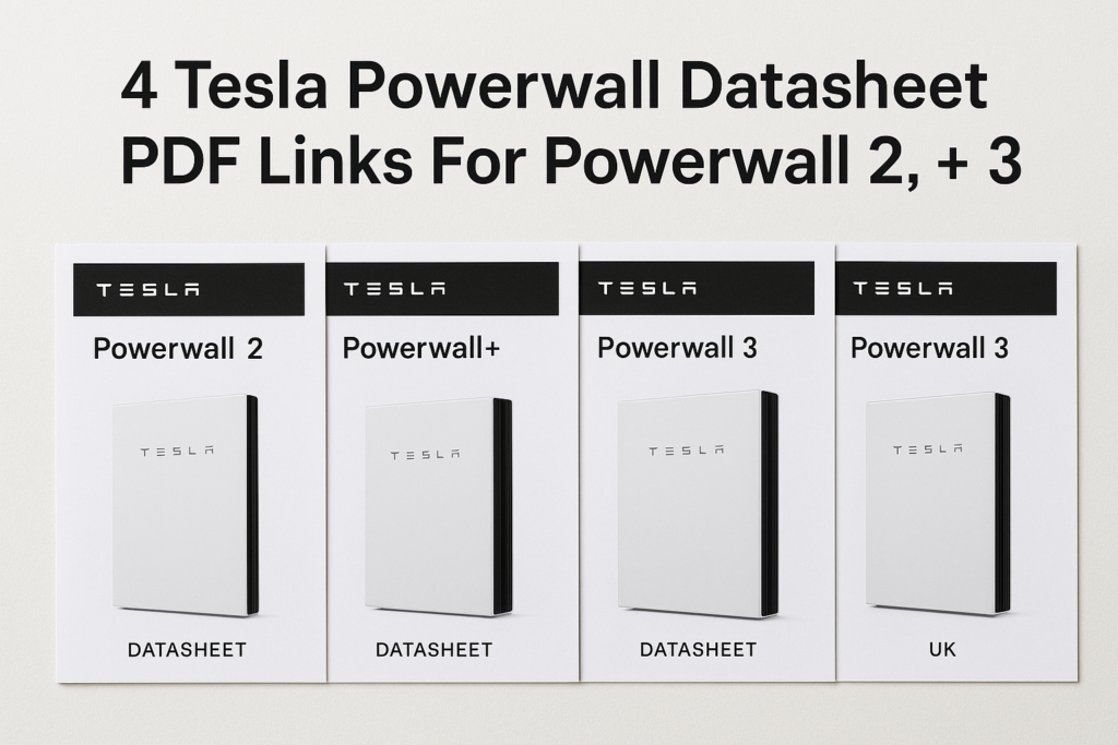 Header image showing four Tesla Powerwall datasheet covers: Powerwall 2, Powerwall+, Powerwall 3, and Powerwall 3 UK edition.